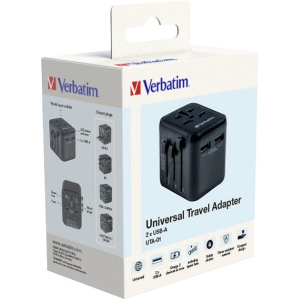 Verbatim Universal Travel Adapter UTA-01 2x USB‑A Port Plug Worldwide 100 - 250 V