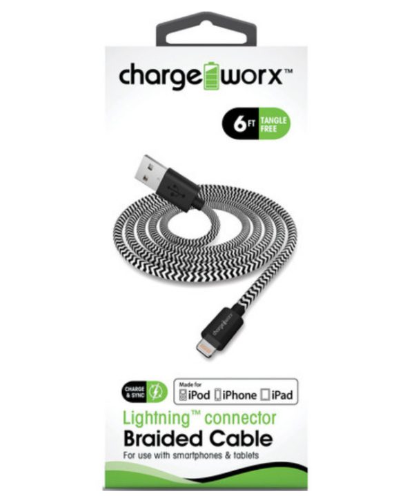 ChargeWorx Braided Charge and Sync Lightning Cable 6Ft Black